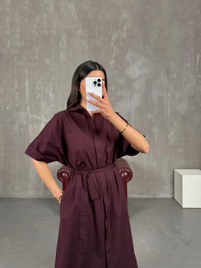 Bordo Cepli Önü Düğmeli Kuşaklı Elbise Gaus00257