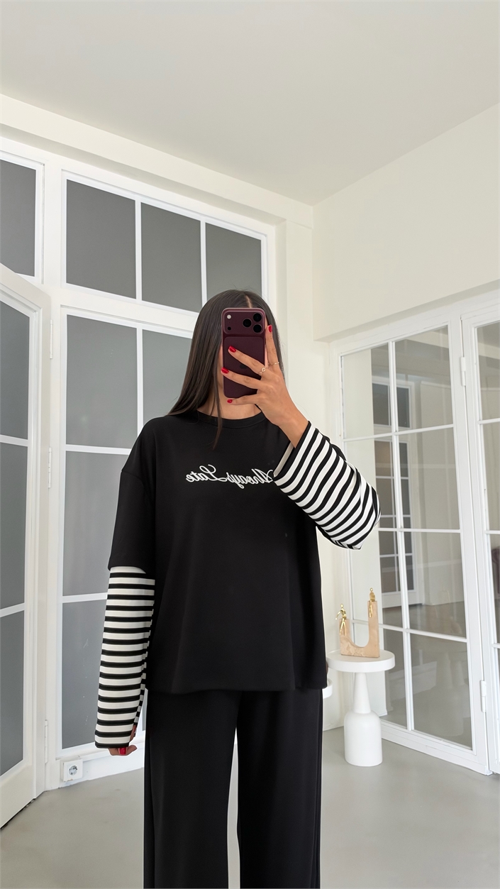 Siyah Kolu Şeritli Tshirt Beli Lastikli Pantolon İkili Modal Takım GAUS-02227
