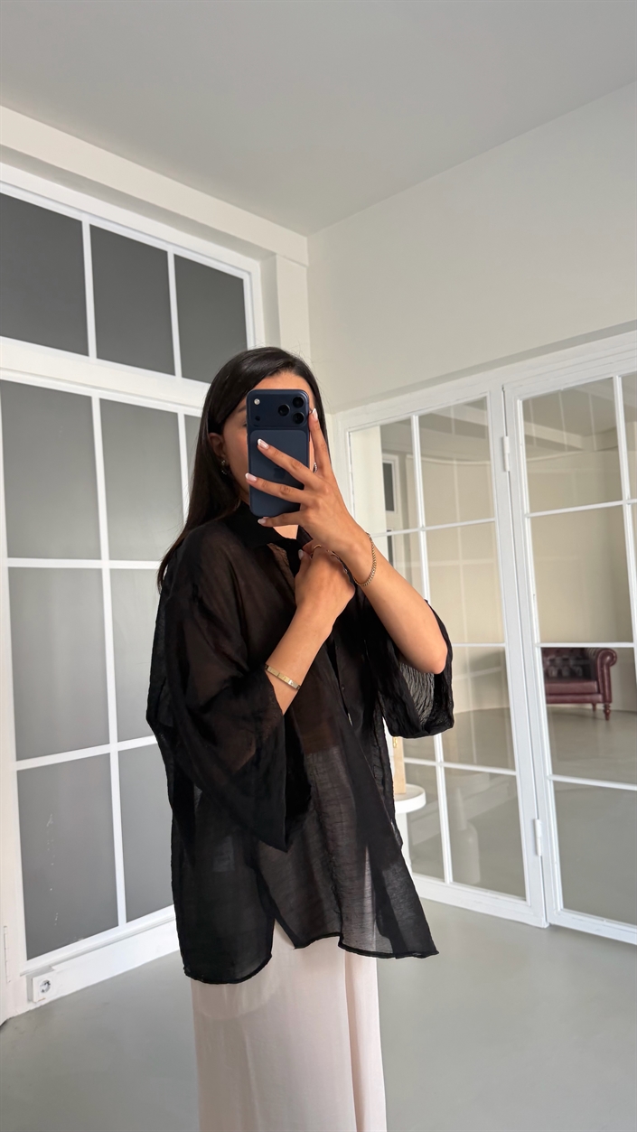 Siyah Kısa Kollu Transparan Gömlek GAUS-01699