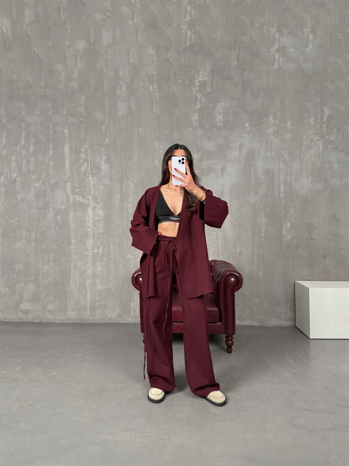 Rozali Bordo Gabardin Kimono İkili Takım
