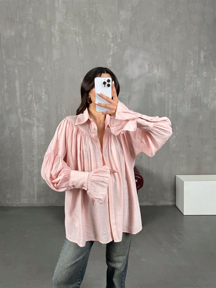 Kali Pembe Büzgülü Oversize Gömlek