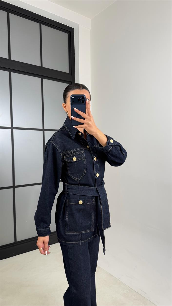 Lacivert Uzun Gold Düğmeli Tasarım Ceket Pantolon Denim Takım GAUS-00586