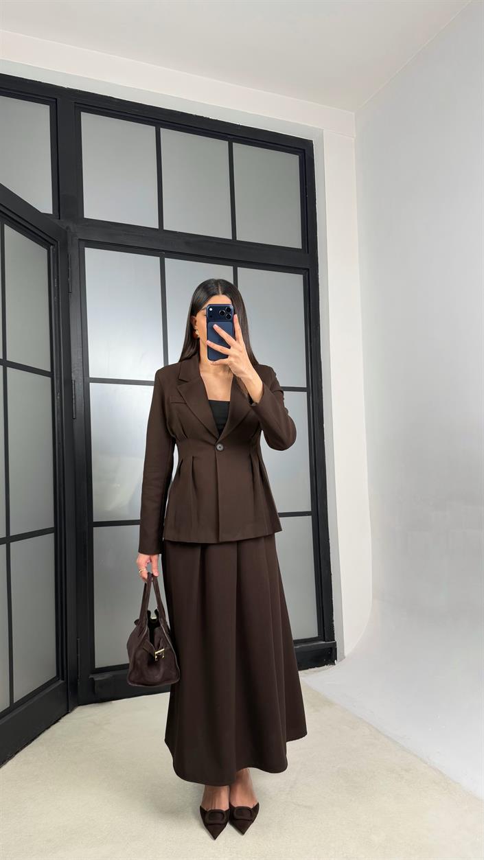 Acı Kahve Belden Oturtmalı Astarlı Vatkalı Ceket Cepli Etek Premium Takım GAUS-01290