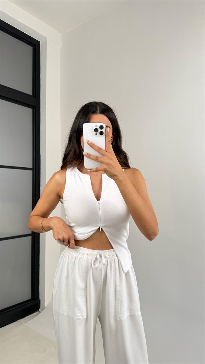 Beyaz Beli Lastikli Cep Detaylı Gabardin Pantolon GAUS-0082