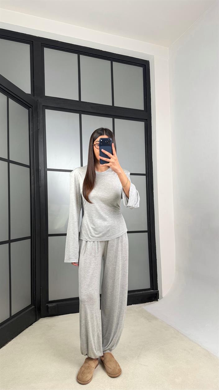 Gri Beli Ayarlanabilir Vatkalı Bluz Eşofman Takım GAUS-01307
