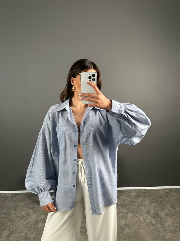RY İnci Çizgili Oversize Gömlek 