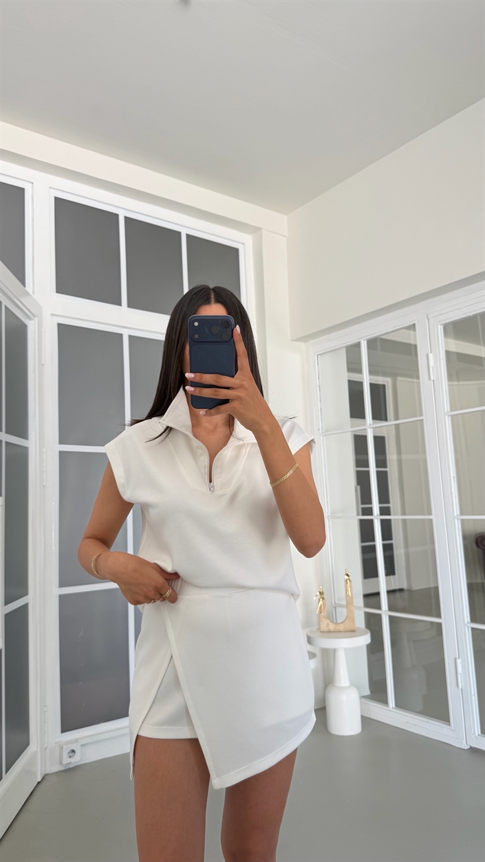 Beyaz Fermuarlı Bluz Şort Etek İkili Modal Kumaş Takım GAUS-01820