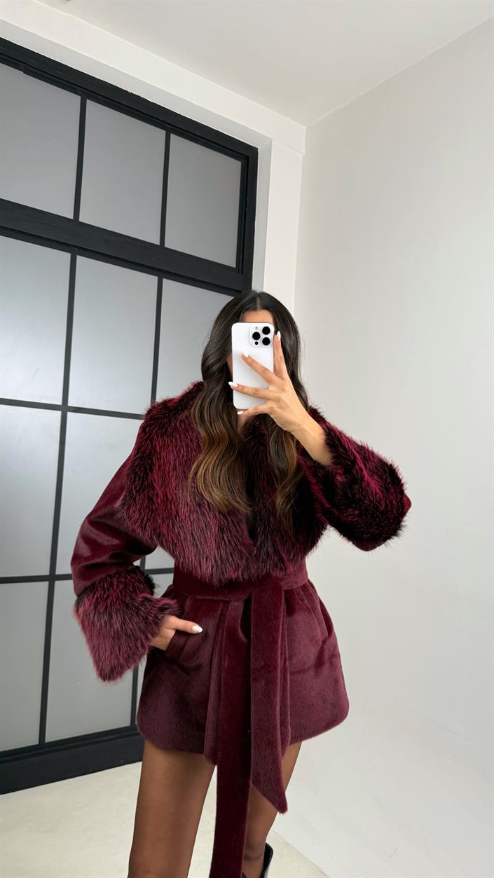 Bordo Kürk Detaylı Astarlı Kaşe Kaban GAUS-00559