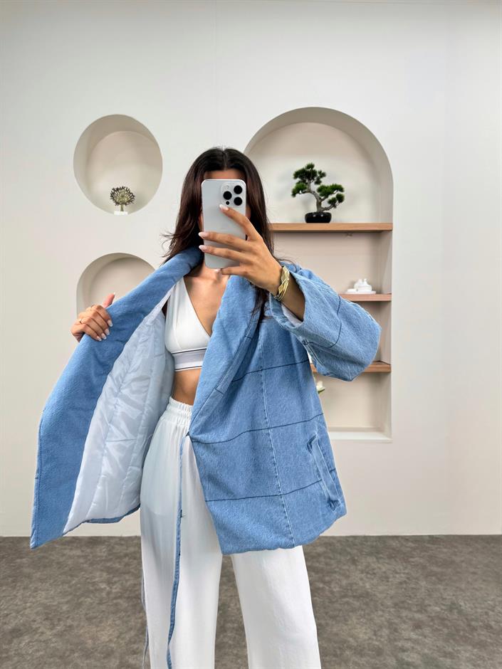 Rozi Mavi Astarlı Yandan Bağlamalı Denim Mont