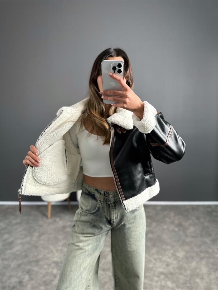 Jaden Siyah Deri Kürklü Biker Mont 