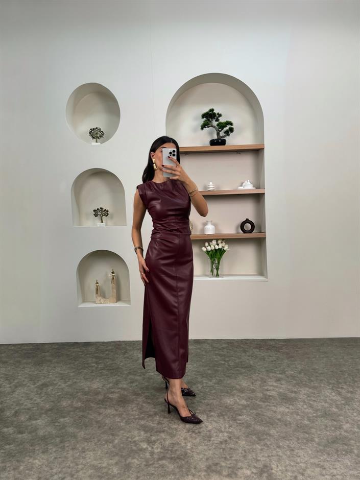 Belis Bordo İçi Şardonlu Deri Elbise