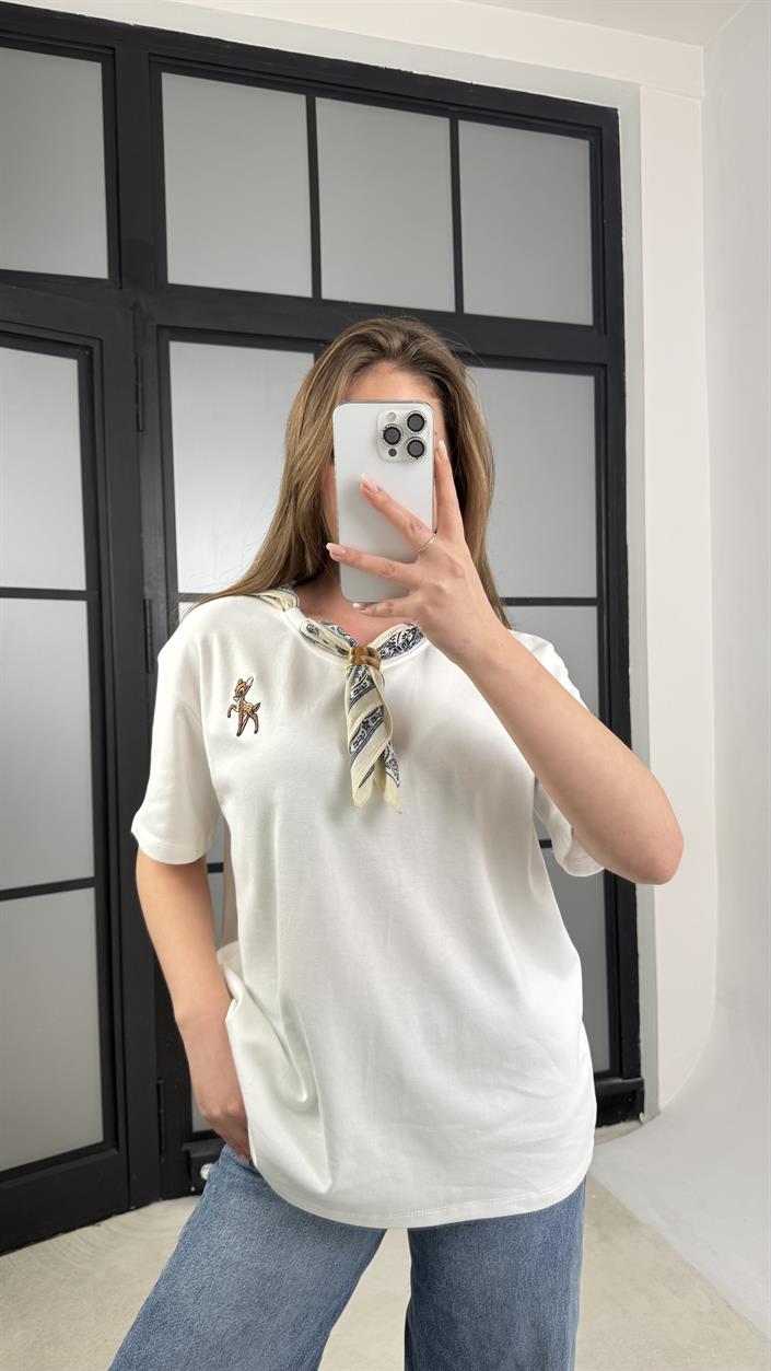 Ekru Fularlı Basic Tshirt GAUS-01179