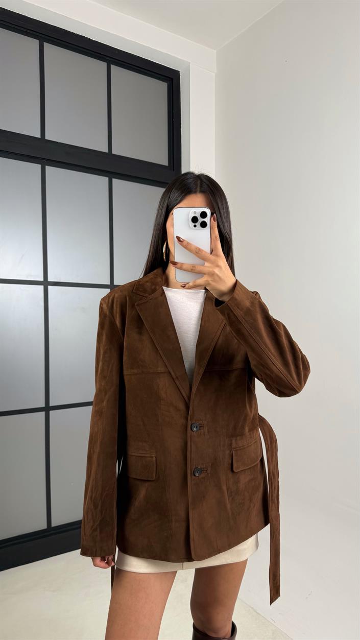 Kahve Astarlı Cep Detaylı Kuşaklı Süet Ceket GAUS-00168