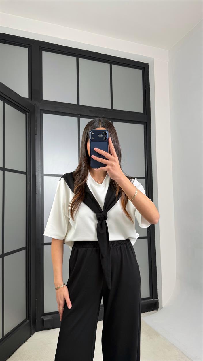 Siyah Şal Detaylı Basic Tshirt Beli Lastikli Pantolon İkili Eşofman Takımı GAUS-01284