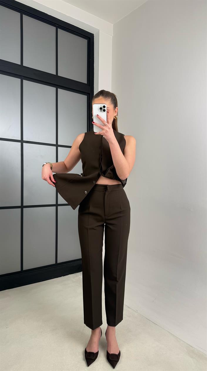 Acı Kahve Düğme Detaylı Yelek Pantolon İkili Premium Takım GAUS-00987
