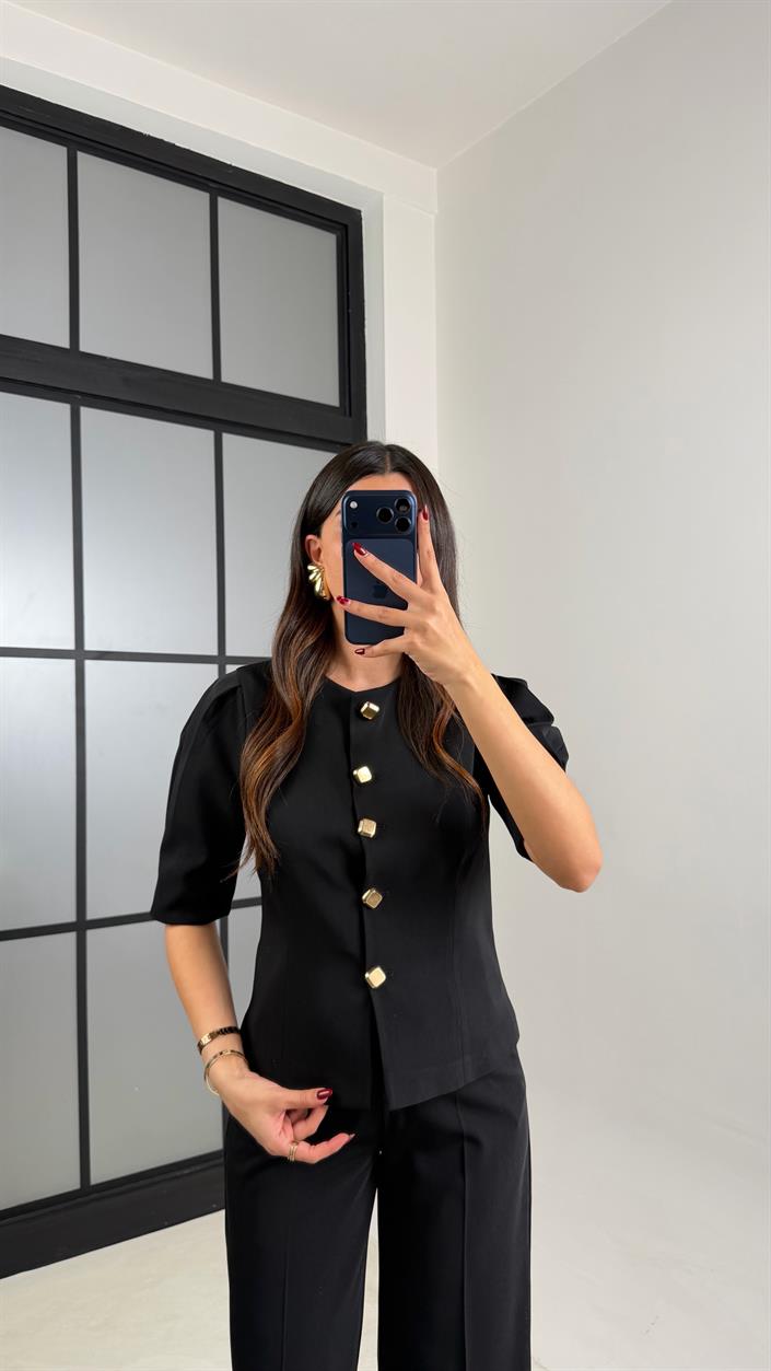 Siyah Gold Düğmeli Balon Kol Ceket Beli Lastikli Pantolon Kumaş Takım GAUS-00748