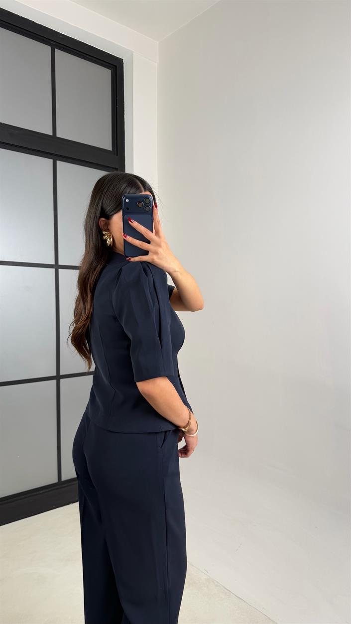Lacivert Gold Düğmeli Balon Kol Ceket Beli Lastikli Pantolon Kumaş Takım GAUS-00748