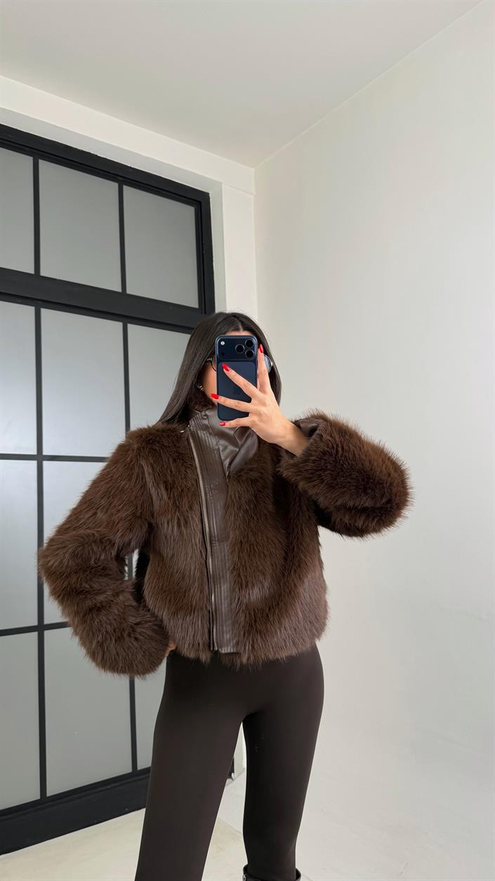 Kahve Astarlı Deri Detaylı Kürk Ceket GAUS-01017