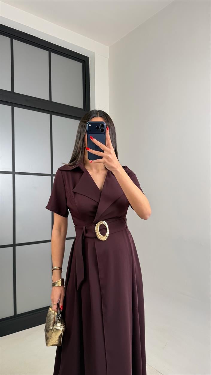 Mürdüm Gold Toka Kuşaklı Krep Kumaş Uzun Elbise GAUS-00974