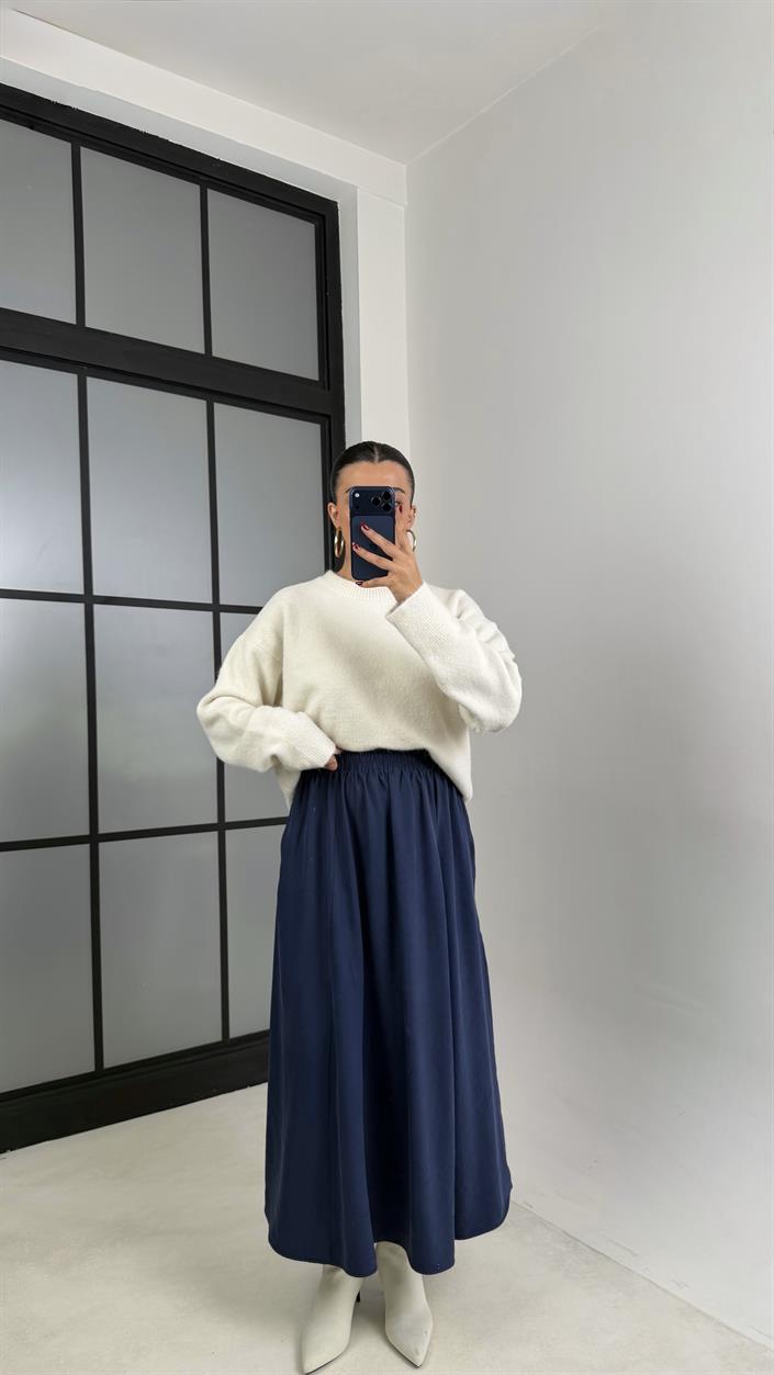 Lacivert Beli Lastikli Cepli Tencel Etek GAUS-00670