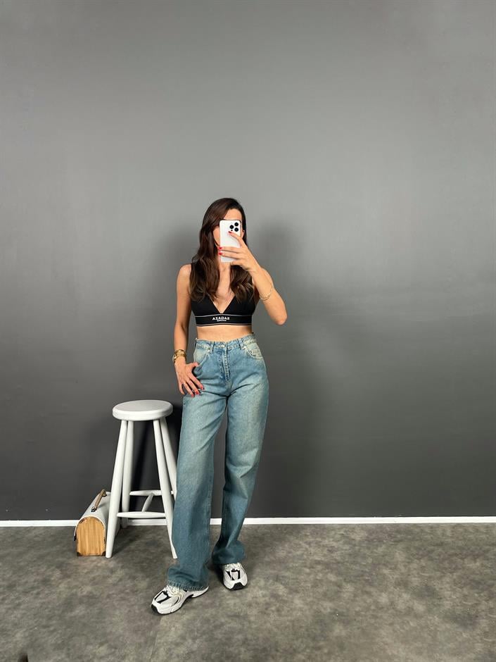 Davy Mavi Eskitme Yıkamalı Wide Leg Jean 