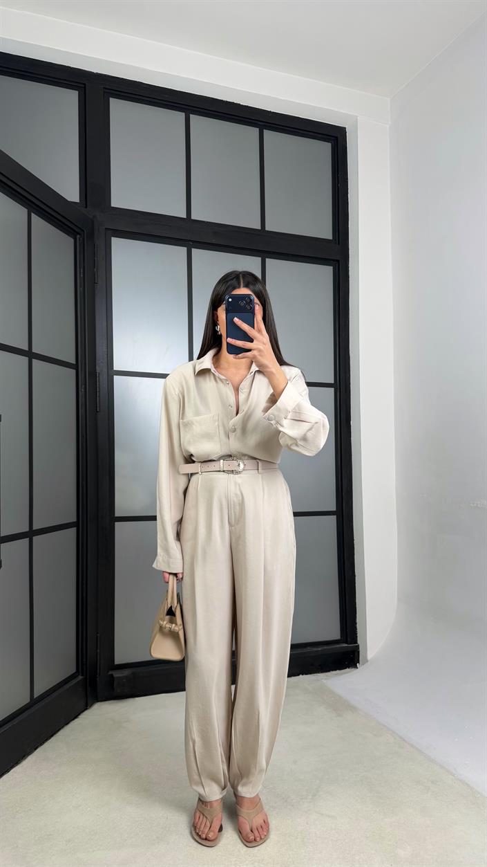 Taş Vatkalı Gömlek Kemerli Pantolon İkili Tencel Takım GAUS-01319