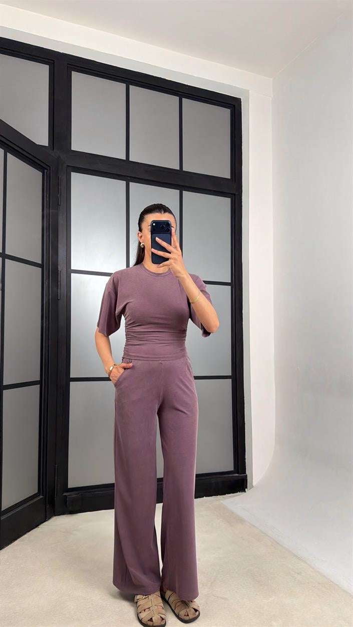 Mürdüm Bluz Beli Lastikli Pantolon Modal Muadil Takım GAUS-01547