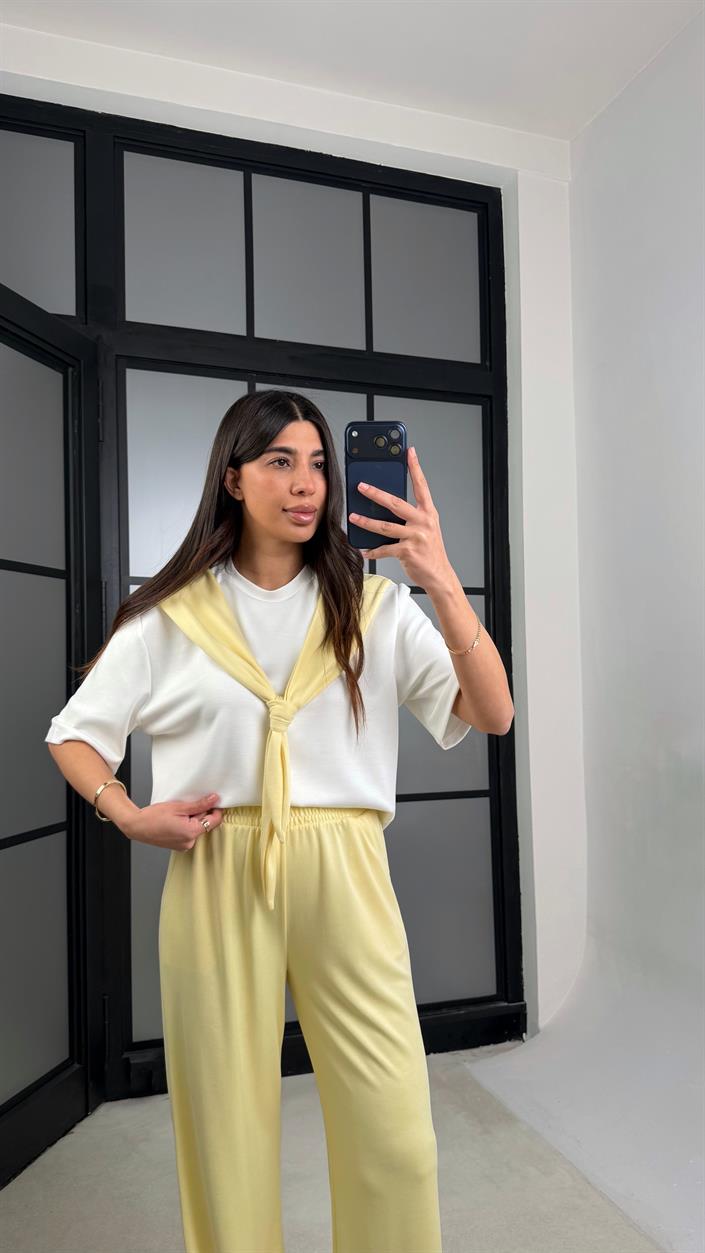 Sarı Şal Detaylı Basic Tshirt Beli Lastikli Pantolon İkili Eşofman Takımı GAUS-01284
