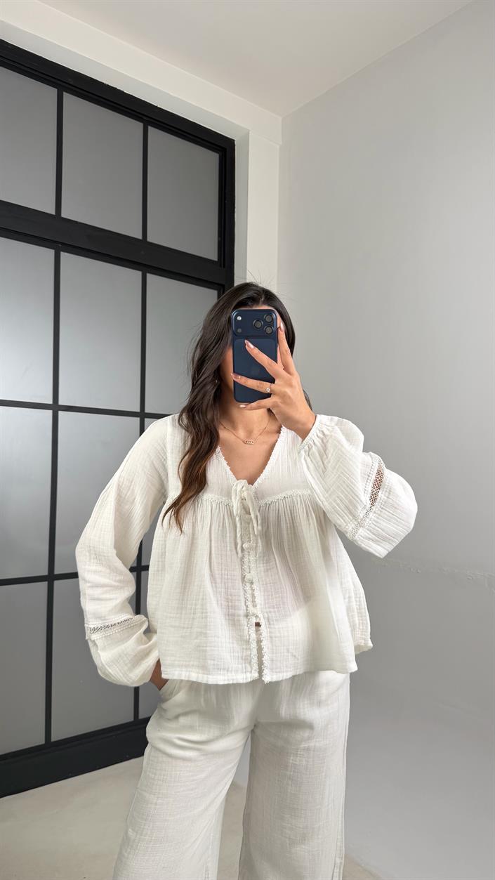 Ekru İşlemeli Müslin Bluz GAUS-01151