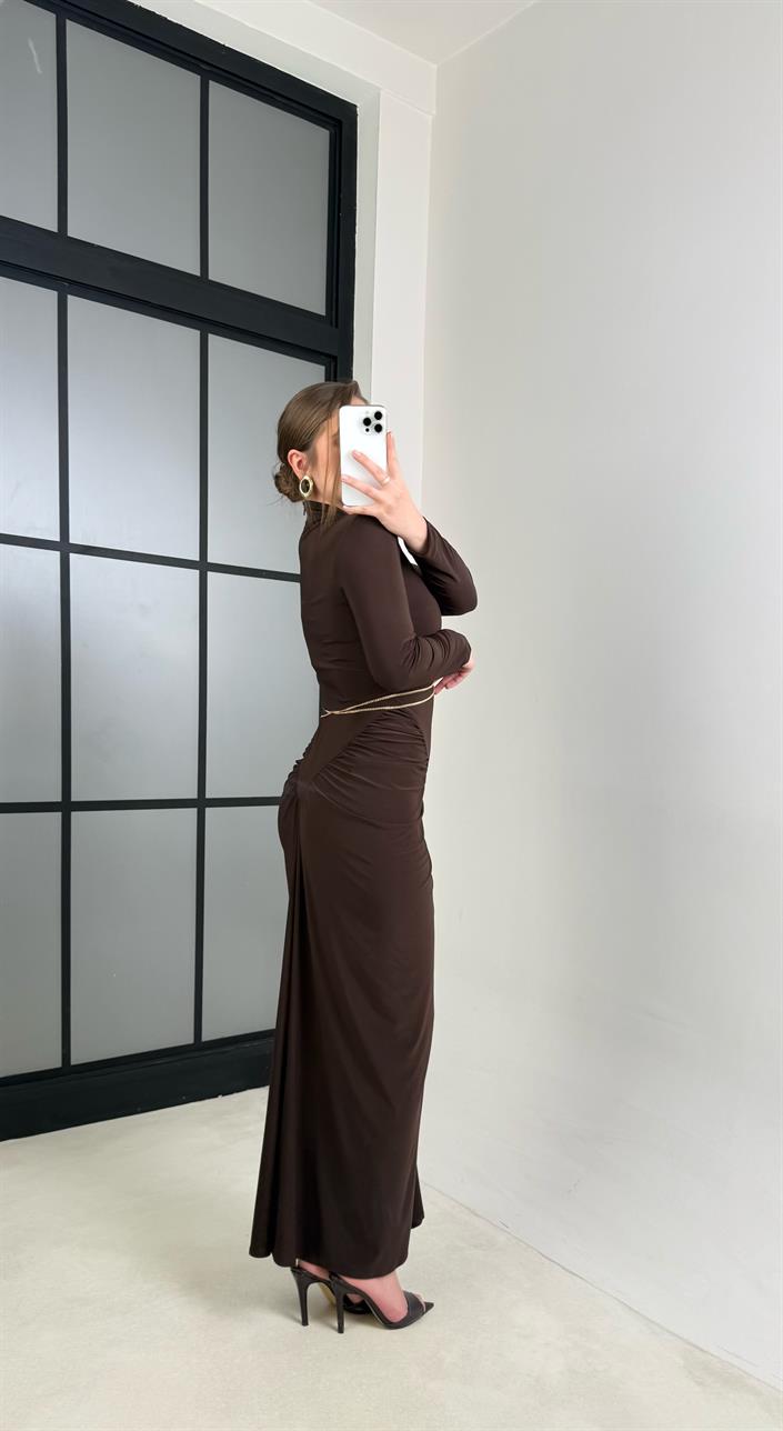 Acı Kahve Aksesuar Detaylı Tasarım Elbise GAUS-00922