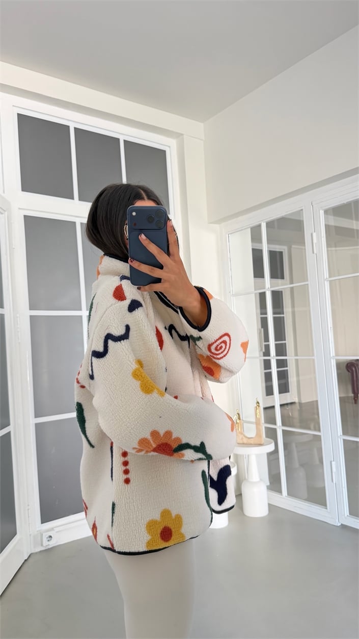 Çok Renkli Çiçek Desenli Fermuarlı Polar Sweatshirt GAUS-01916 GAUS-01930