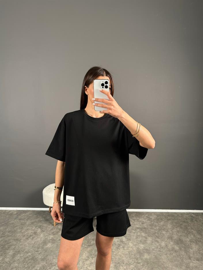 Siyah Premium Etiketli Oversize Şortlu İkili Takım