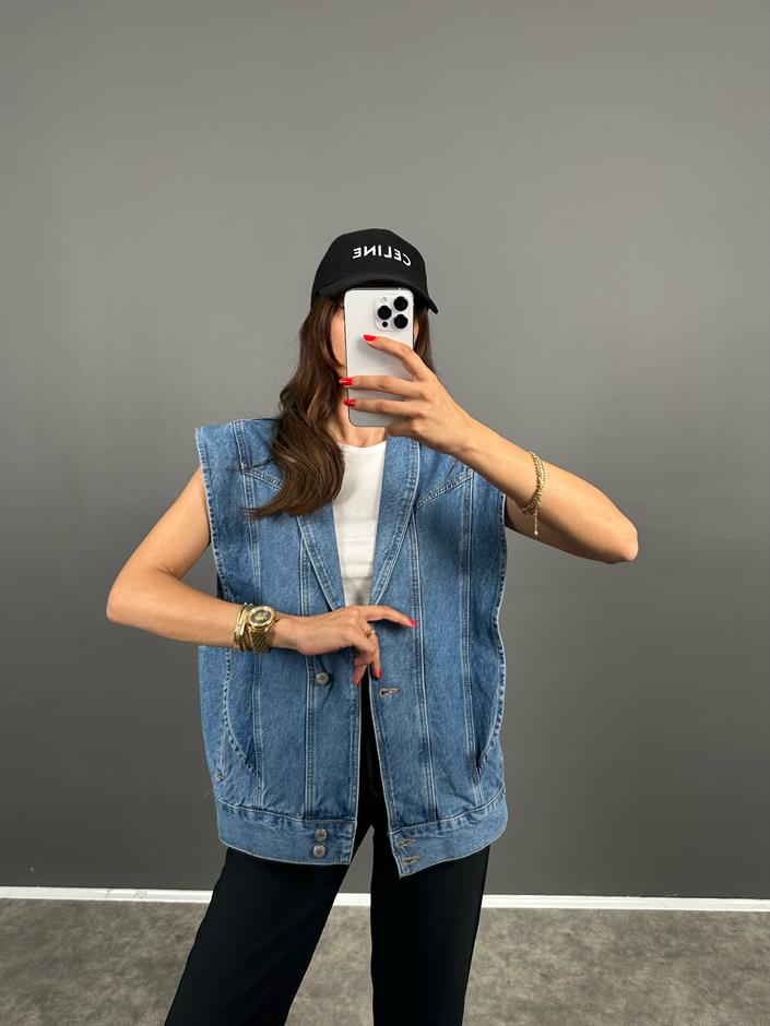 Move Mavi Denim Kol Detaylı Düğmeli Tasarım Kot Yelek 