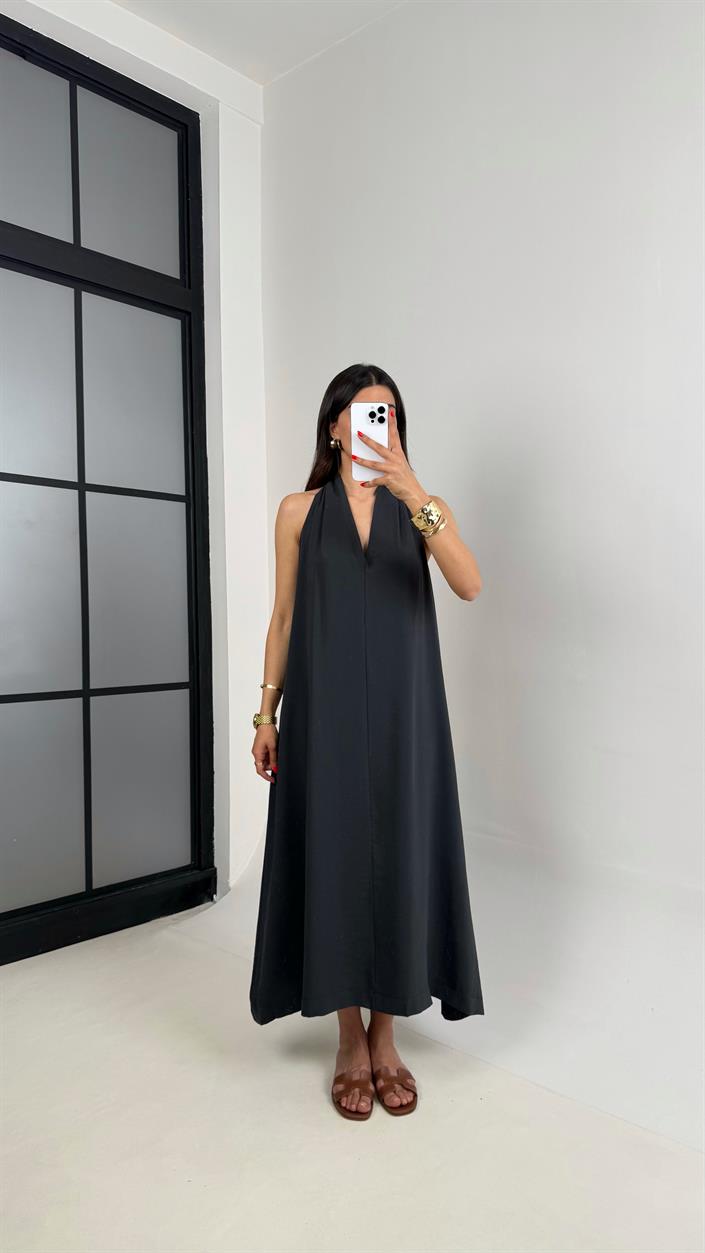 Antrasit V Yaka Sırt Detaylı Premium Tencel Elbise Gaus00481 