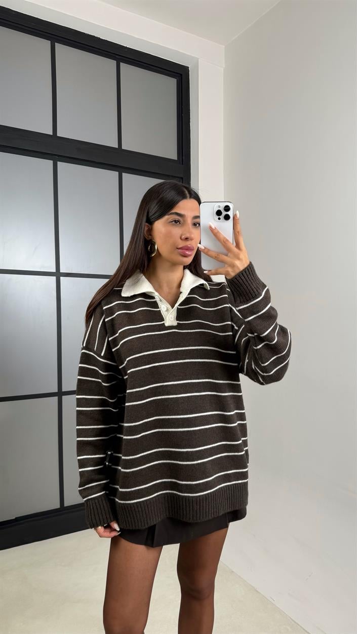 Kahve Polo Yaka Beyaz Çizgili Triko Kazak GAUS-00601