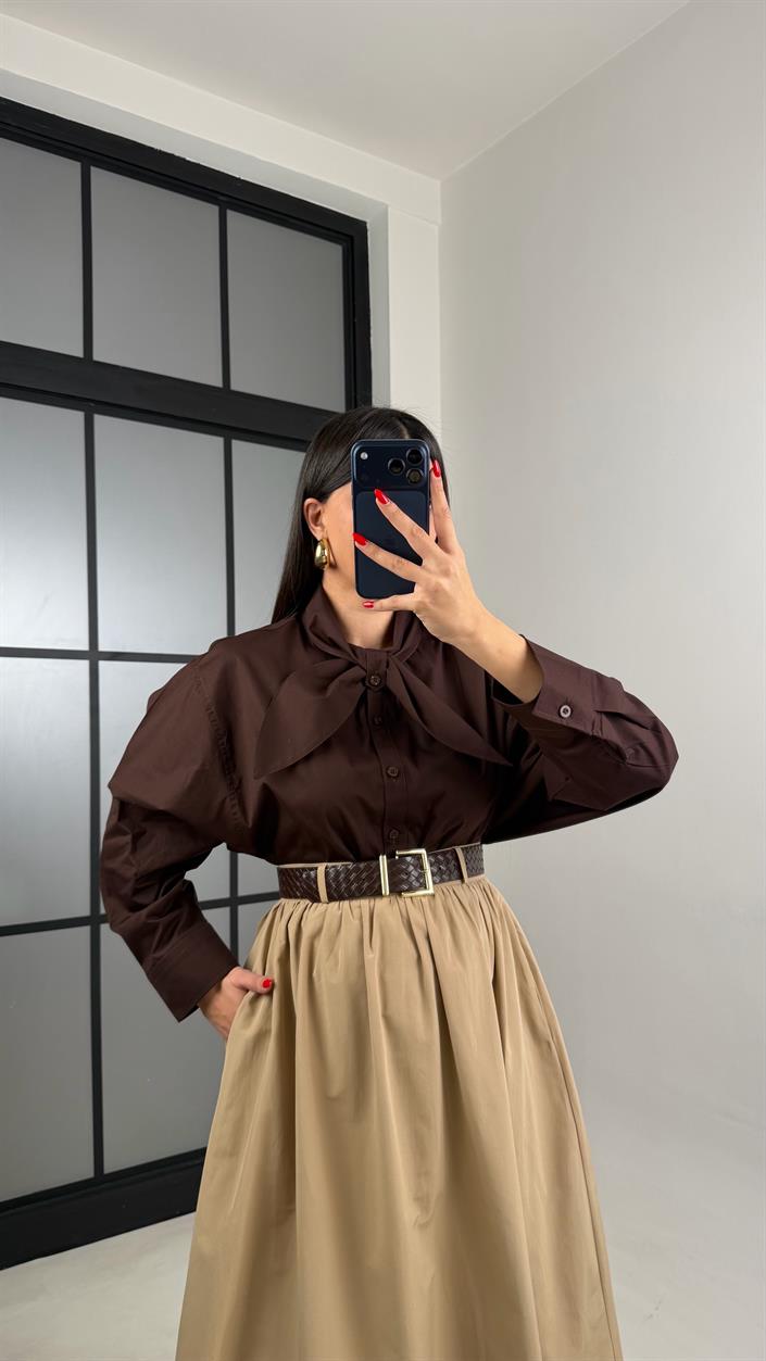 Kahve Fular Yakalı Gömlek GAUS-00981