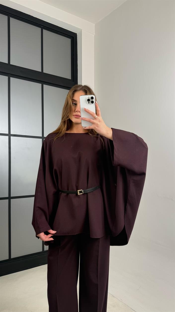 Mürdüm Kemerli Pelerinli Panço Beli Lastikli Pantolon Premium Takım GAUS-00989