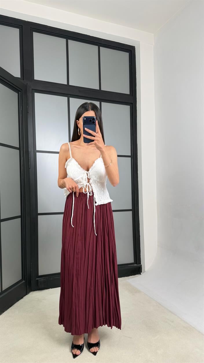 Bordo Beli Lastikli Kırışık Kumaş Etek GAUS-01320
