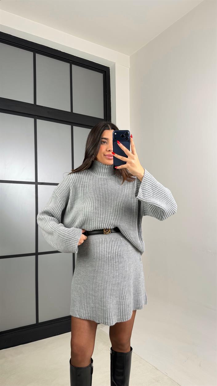 Gri Şal Detaylı Hırka Kazak Beli Lastikli Etek Triko Takım GAUS-01039
