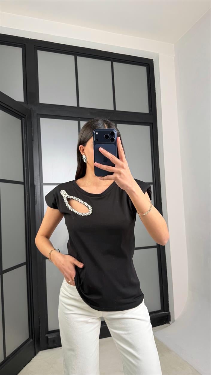 Siyah Vatkalı Taş Detaylı Muadil Bluz GAUS-01282