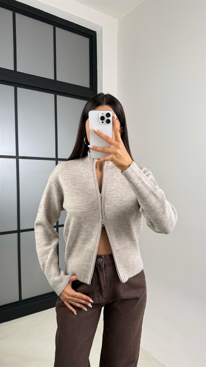 Bej Çift Fermuarlı Triko Hırka GAUS-00534