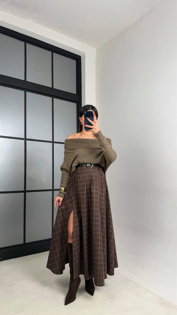 Yeşil Kahve Yırtmaçlı Kemerli Ekose Desenli Etek GAUS-01065