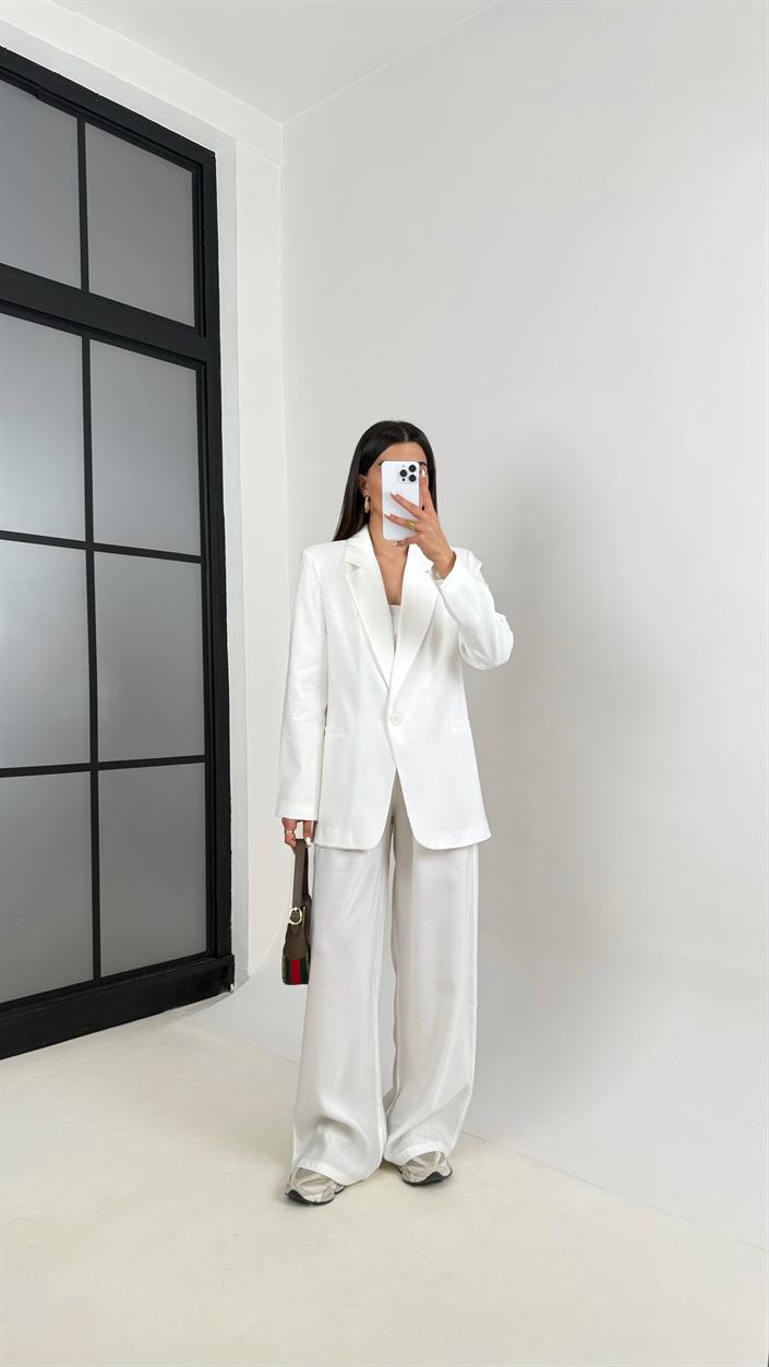 Beyaz Astarlı Blazer Ceket Beli Lastikli Pantolon Tensel Takım Gaus00444
