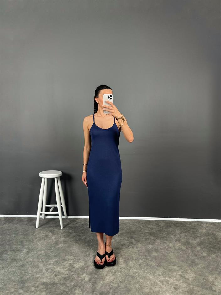 Karlee Lacivert İp Askılı Yırtmaçlı Elbise