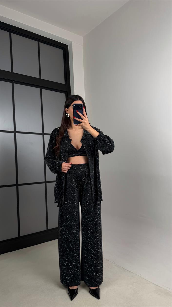 Siyah Taş Detaylı Gömlek Crop Beli Lastikli Pantolon Tasarım Takım GAUS-00919