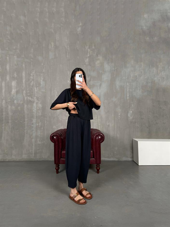 Siyah Bisiklet Yaka Tshirt Pantolon Basic Yıkamalı Modal Takım Gaus00143