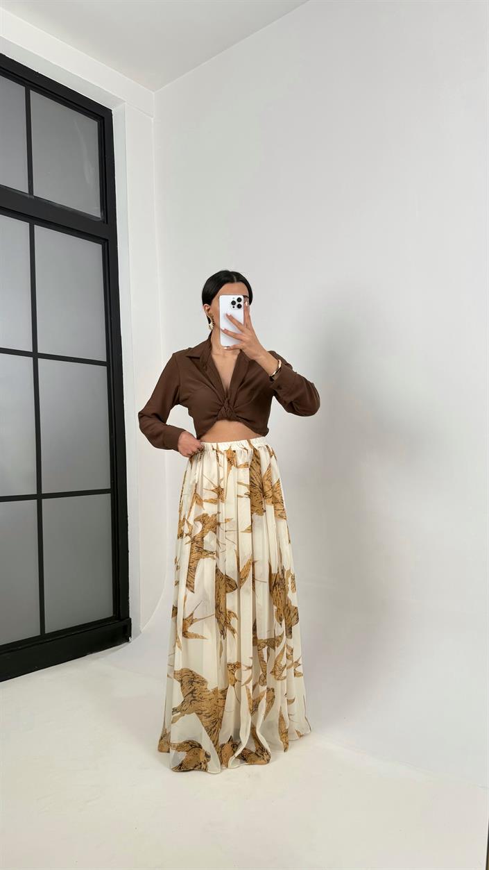 Taş Kahve Baskılı Maxi Boy Astarlı Şifon Etek Gaus00349