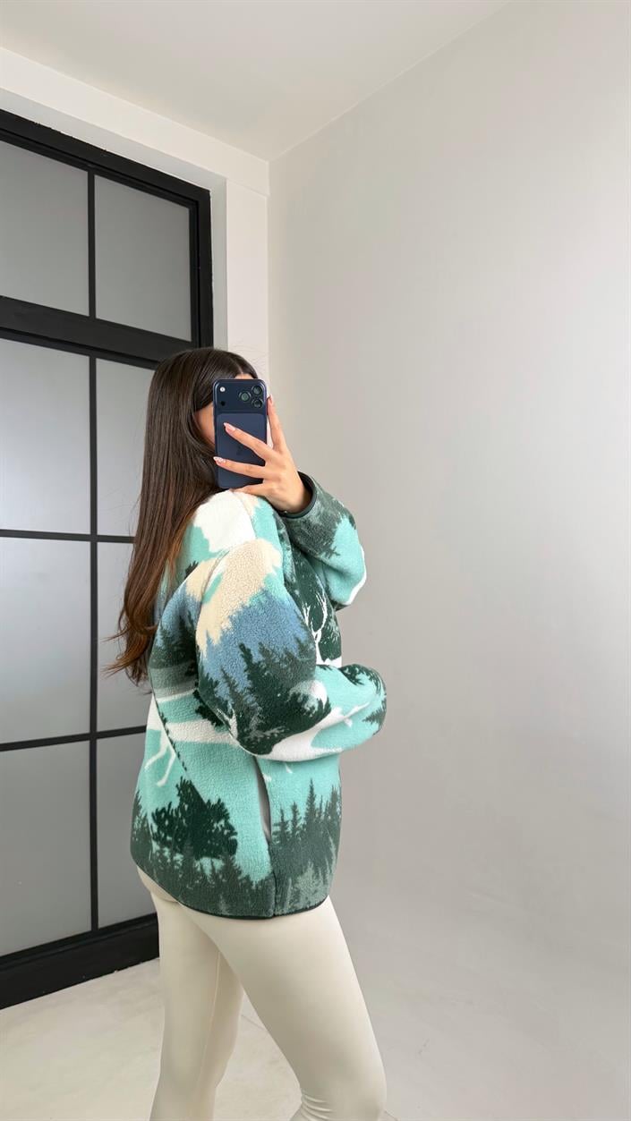Turkuaz Fermuarlı Geyik Desenli Polar Sweatshirt GAUS-00870