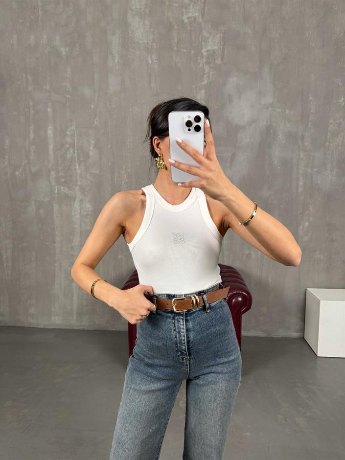 Beyaz Taş Baskılı Sıfır Kol Tshirt Gaus00046