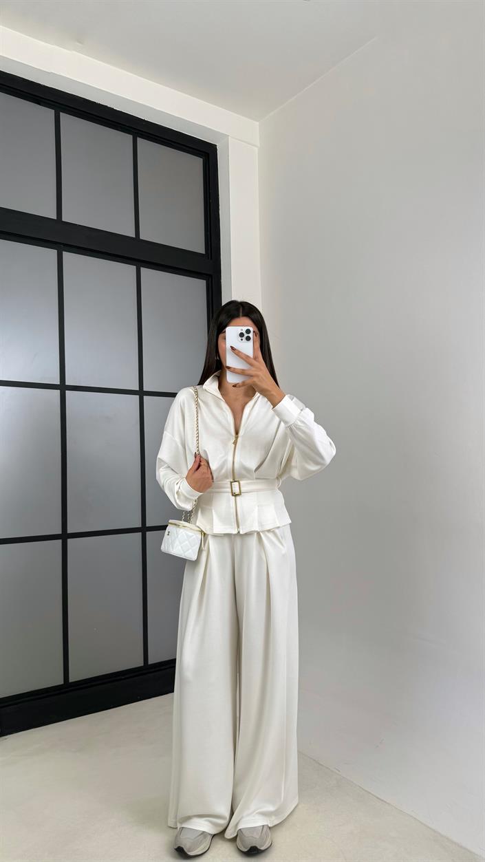 Beyaz Kemer Detaylı Hırka Beli Lastikli Geniş Paça Pantolon Modal Takım GAUS-00188